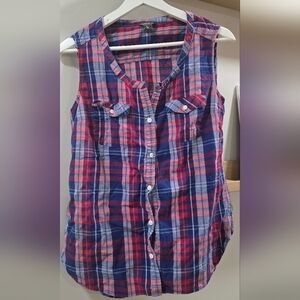 Eddie Bauer Blue and Red Plaid Sleeveless Blouse